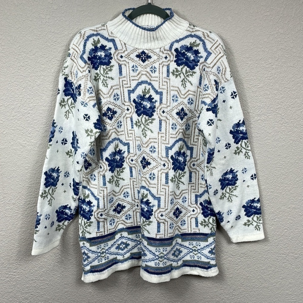 Vintage Adele Knitwear Cottagecore Tunic Sweater 80s Floral Geometric Sz PM